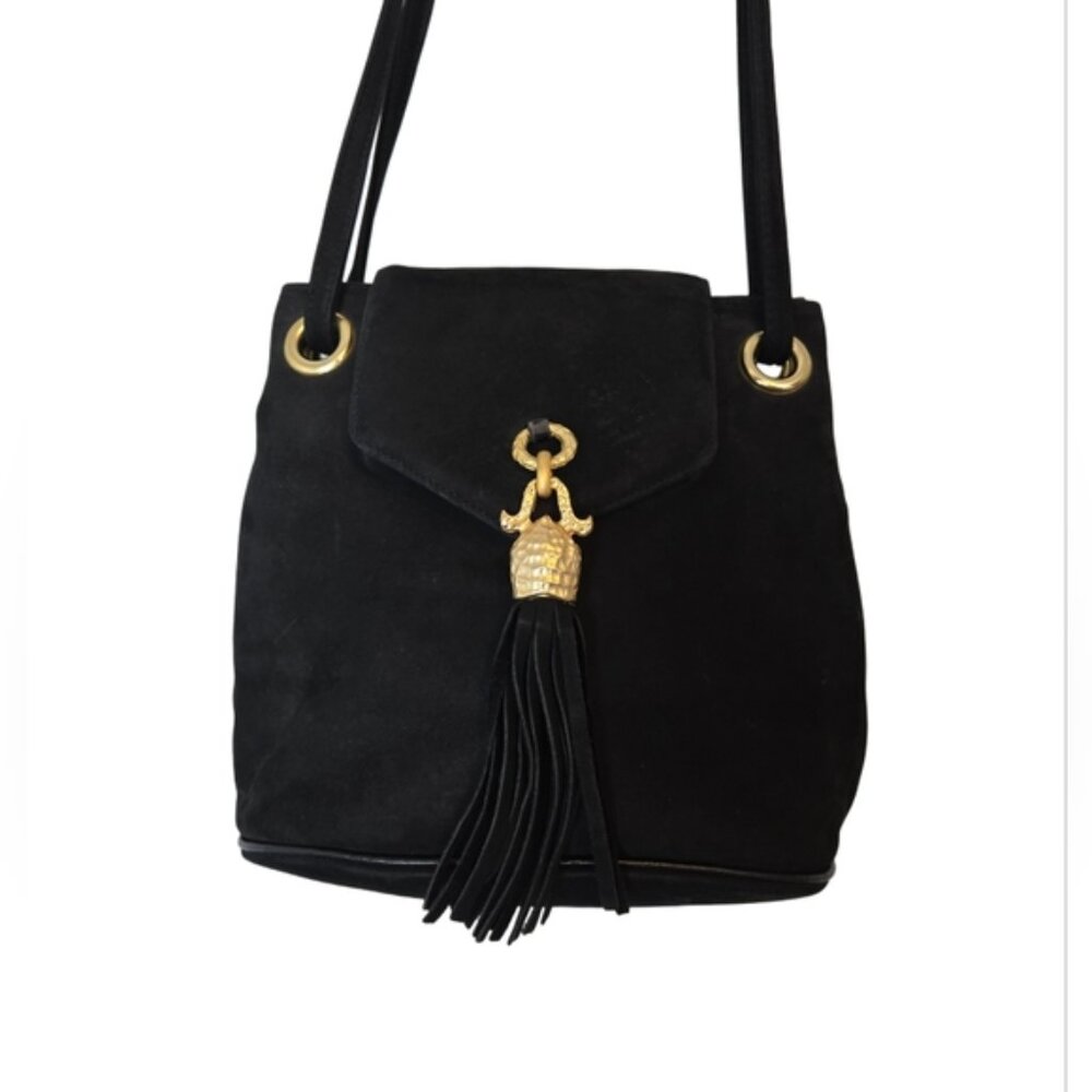 Vtg Suede Tassel Western Luxury Purse 80s Mobwife MCM Gothcore Dark Castlecore